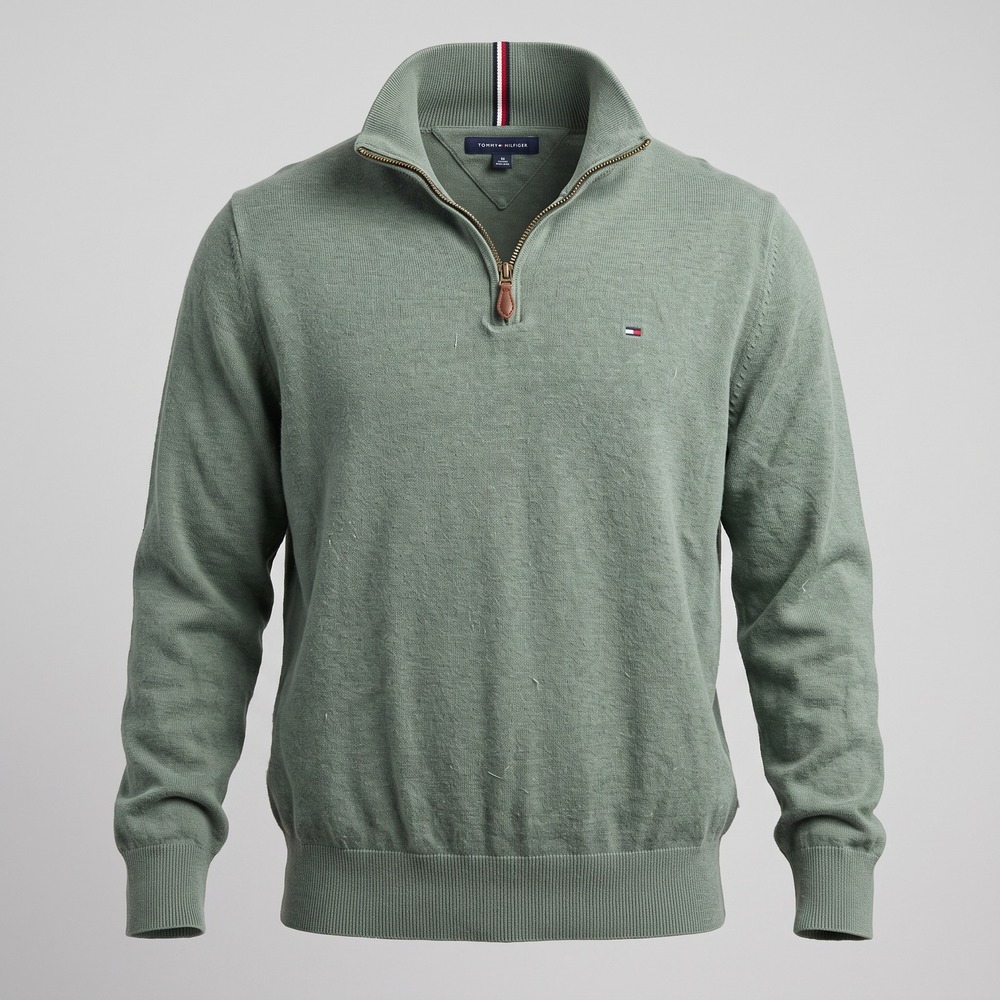 Tommy Hilfiger Mens Large Green Sweater Quarter Zip Pullover Cotton Leather Pull